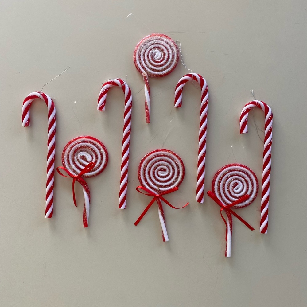 Red and White Candy Cane and Lollipop Christmas tree ornament Set